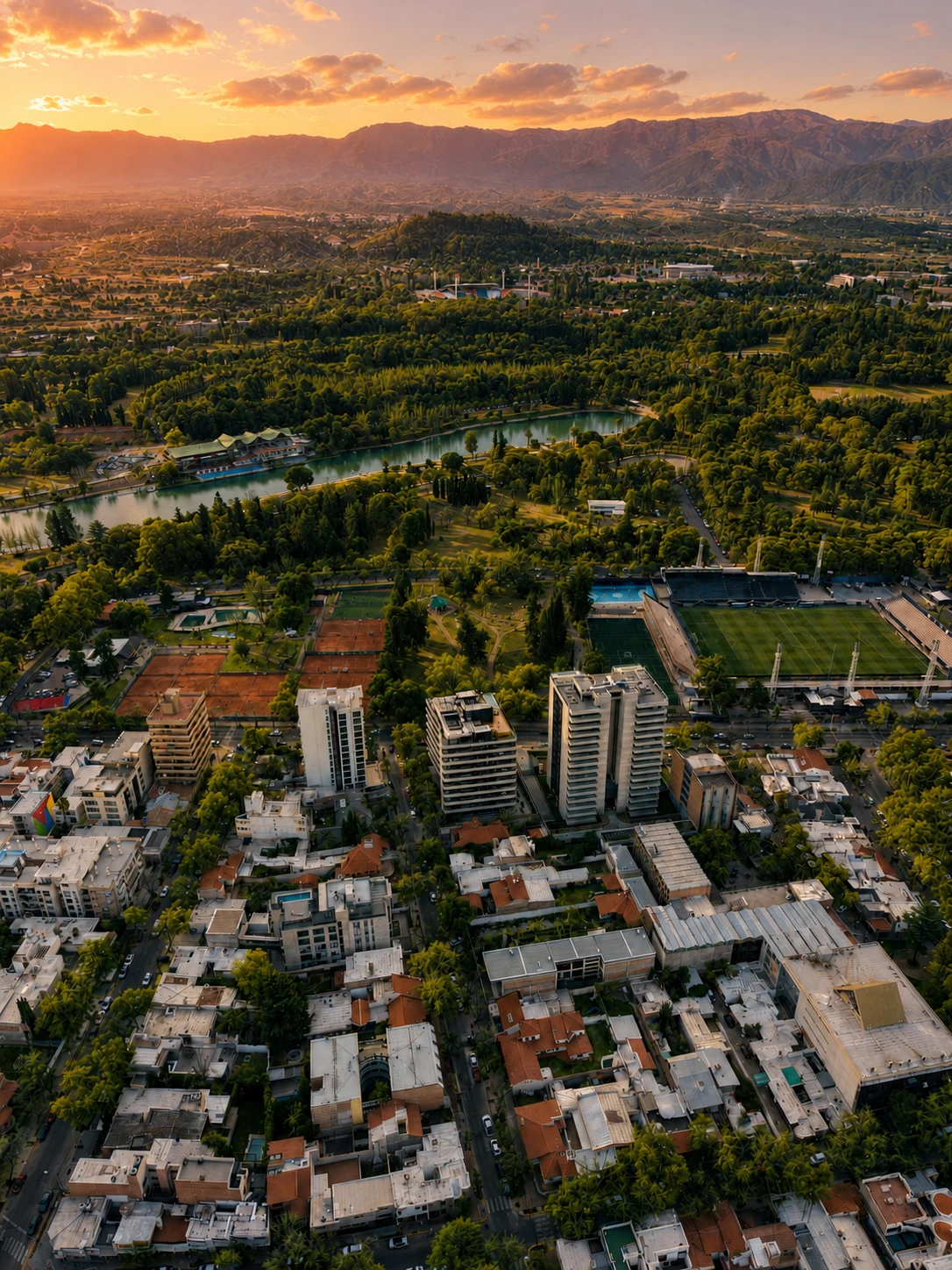 Vista aérea de la Ciudad de Mendoza, Parque General San Martín y la Cordillera